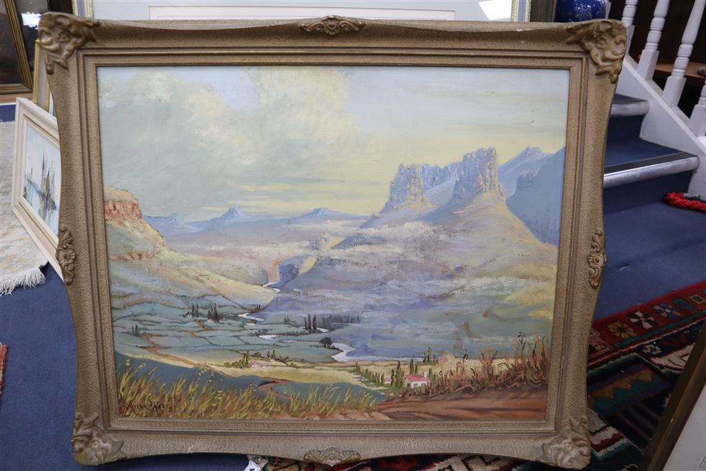 Ailsa West, oil on canvas laid on board, North American mountain landscape, signed, 55 x 69cm